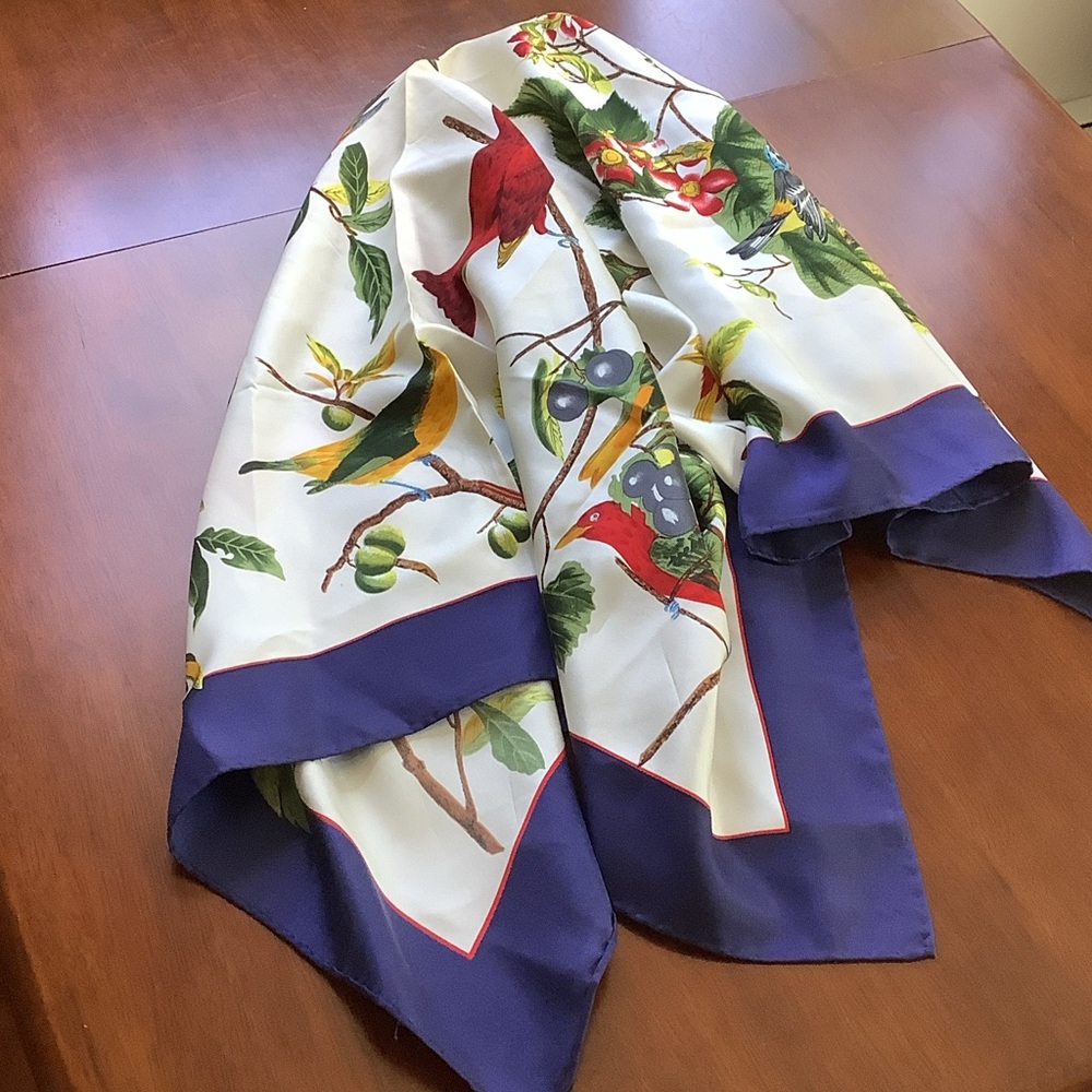 Elegant Bird-Print Silk Scarf with Purple Border